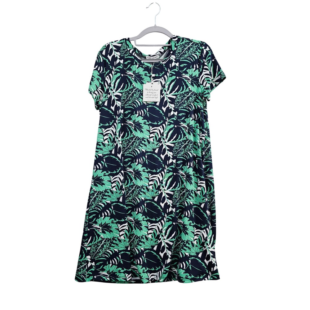 Mary Square Havana A-Line Dress Womens XS Green Navy Tropical Palm Leaf Mini New